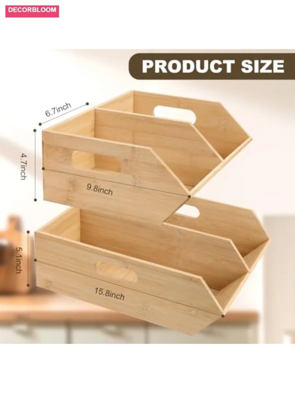 Bamboo Stackable Pantry Baskets Set of 2 Kitchen Storage Organizer Bins